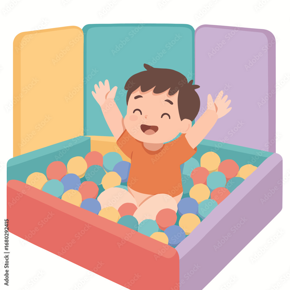 Naklejka premium Indoor playground ball pool with one child, flat cartoon vector design