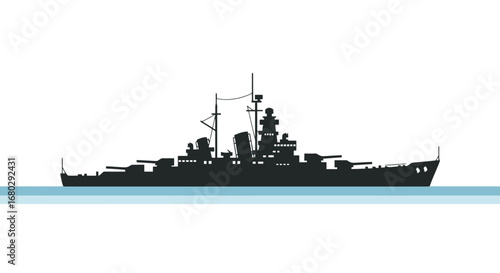 Sleek Silhouette of a Warship on Calm Waters, Ideal for Illustrating Naval History, Military Technology, or Maritime Themes in Educational and Design Projects