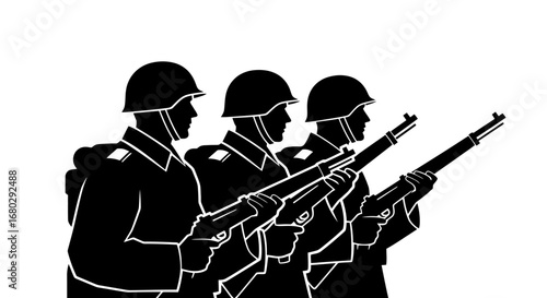 Military Solidarity Silhouette Illustration Featuring Armed Soldiers in Formation, Suitable for Memorial Day, Veterans Day, and Historical Commemoration Projects