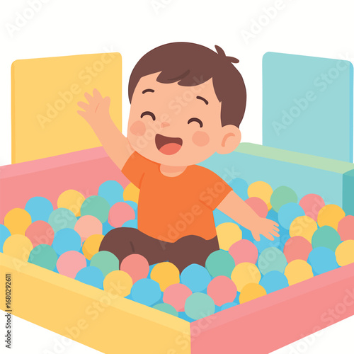 Child waving hand inside ball pit, flat 2D pastel cartoon illustration