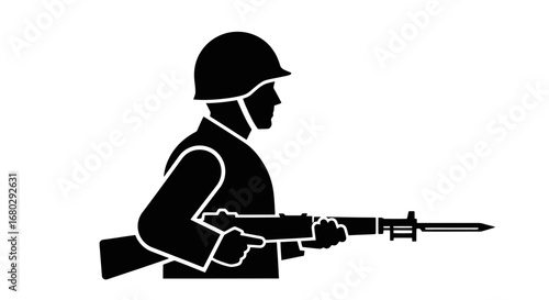 Silhouette of a Soldier with Rifle and Bayonet Depicting Military Service, Ideal for Veteran Support Campaigns and Historical Documentaries