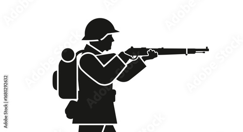 Silhouette of a Soldier Aiming Rifle, Ideal for Historical Depictions, Military Illustrations, and Commemorative Art Projects