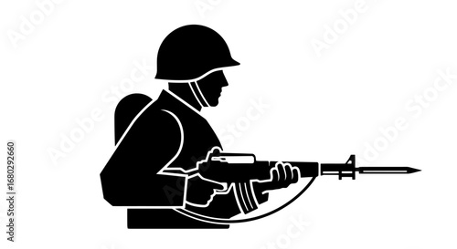 Silhouette of a Soldier Armed with Rifle and Bayonet, Representing Military Service, Defense, and Historical Conflicts, Suited for Educational and Illustrative Purposes.