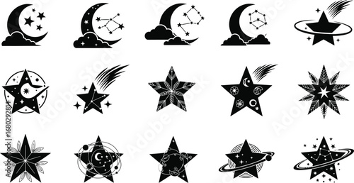 Celestial Stars and Moon Silhouette Icon Set" or "Cosmic and Astronomical Vector Icons"
