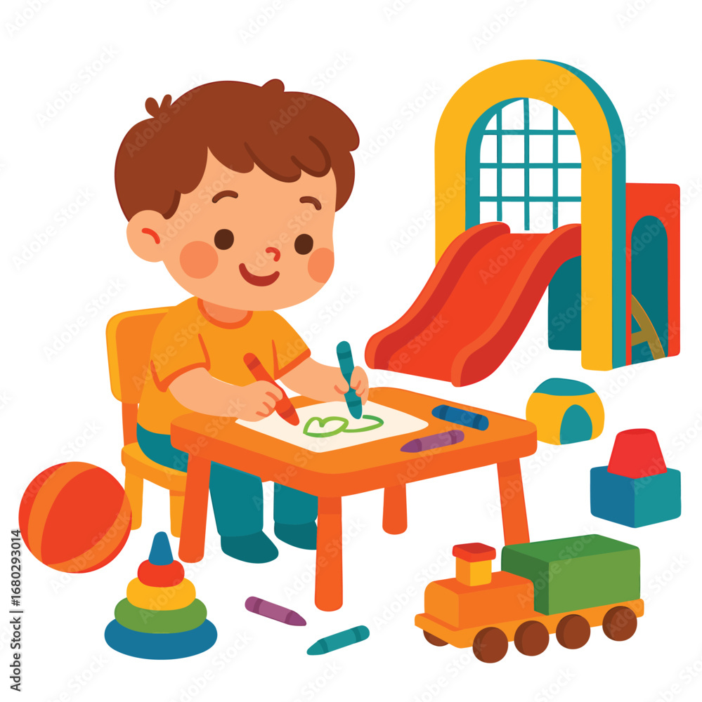 Naklejka premium Boy drawing with crayons at desk, minimalist clean vector illustration