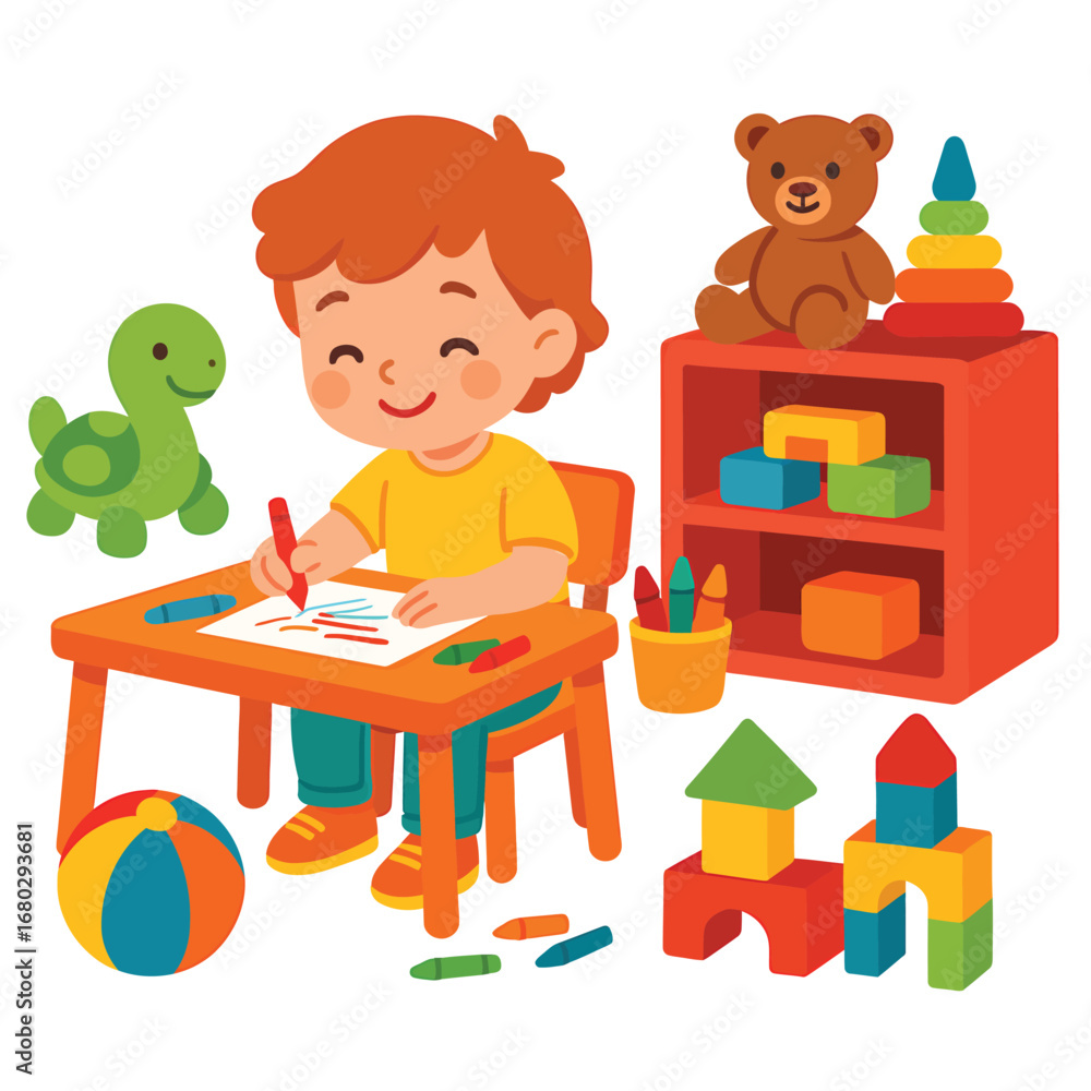 Fototapeta premium Happy child drawing on paper at desk, pastel flat cartoon design