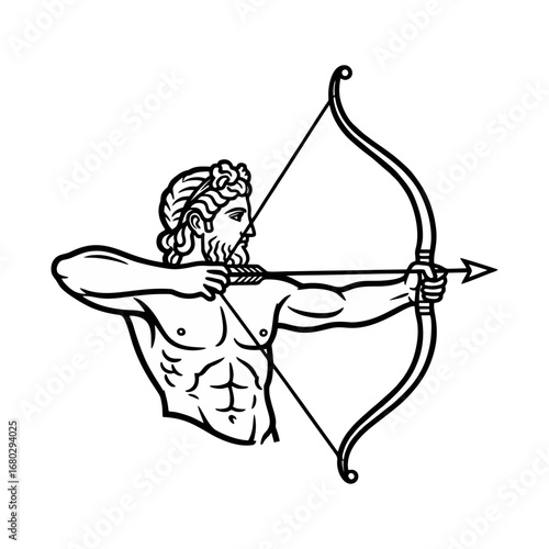 Ancient Greek Mythology Archer Man Aiming Bow and Arrow Line Art Illustration