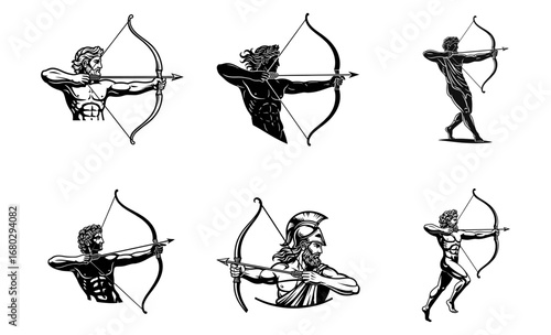 Ancient Archer Vector Illustrations Set - Mythological Figures with Bow and Arrow Aiming