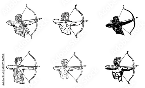 Ancient Greek Mythological Archer with Bow and Arrow Vector Set