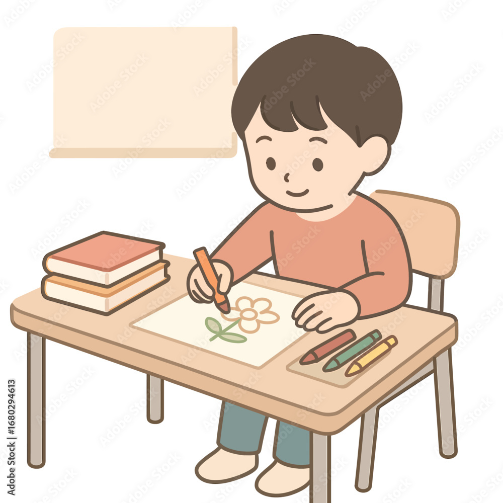 Naklejka premium Girl focused on drawing at tiny desk, cute flat pastel cartoon vector