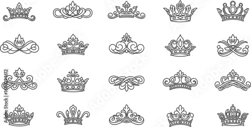 Elegant Royal Crowns and Tiaras Line Art Collection" or "Vintage Crown and Diadem Icon Set."