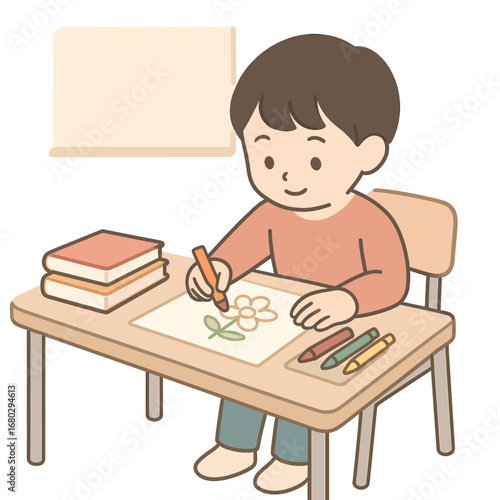 Girl focused on drawing at tiny desk, cute flat pastel cartoon vector