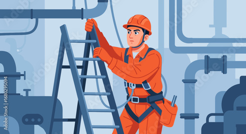 Skilled Industrial Worker in Safety Gear Ascending Ladder to Perform Maintenance on Complex Piping System in a Modern