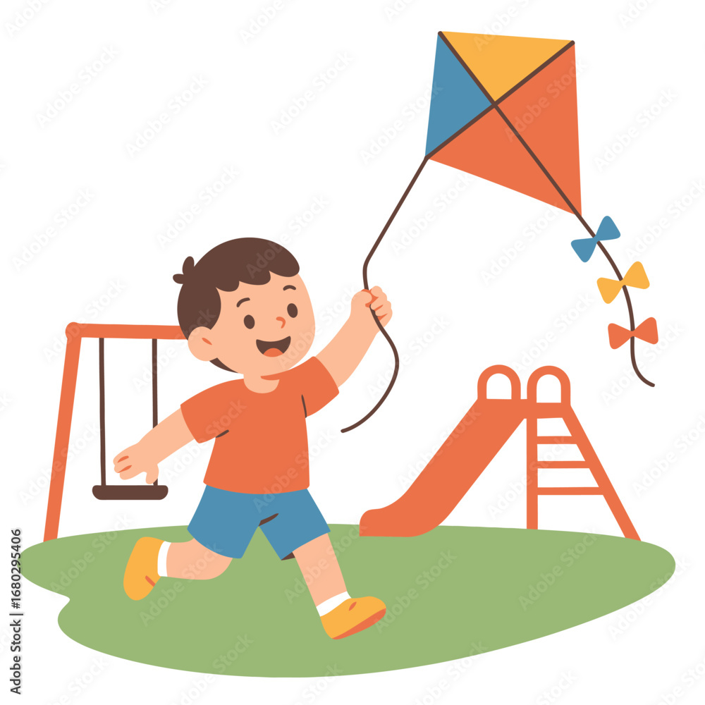 Naklejka premium Happy child flying kite above playground grass