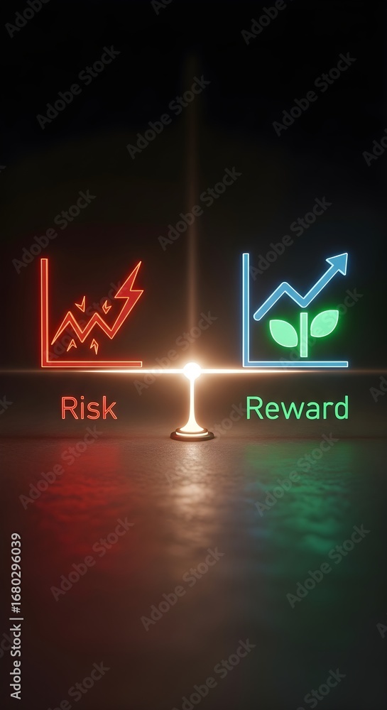 Obraz premium A balanced scale displaying risk with a jagged red graph and reward with a green growth graph and plant icon