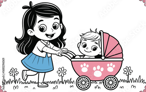 Cute girl pushing a baby in a pink stroller with paw prints, a delightful illustration of childhood care and joy.