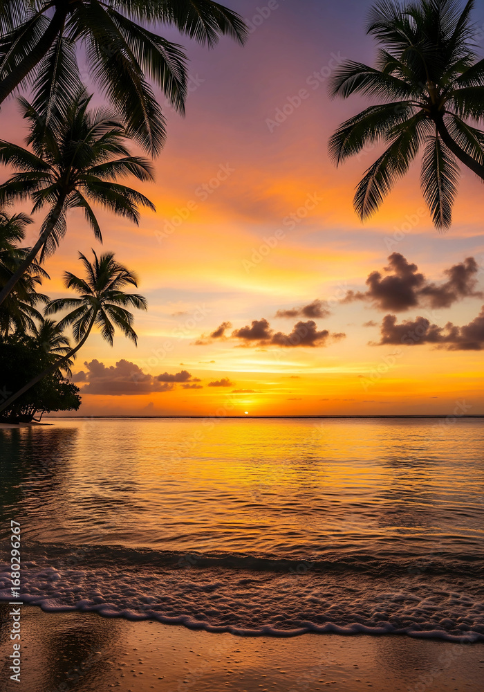 Obraz premium Romantic tropical island sunset with palm silhouettes, crystal clear waters reflecting.