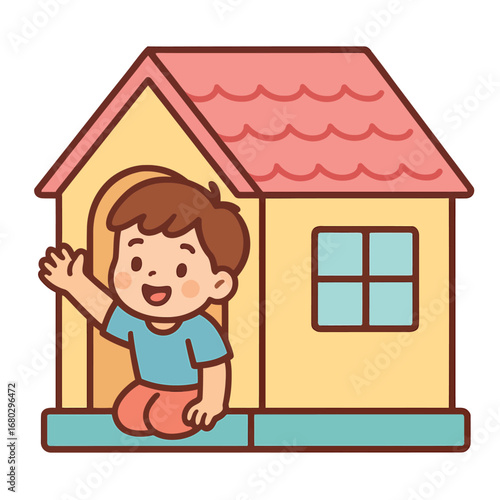 Kid waving from playhouse door, colorful flat vector illustration