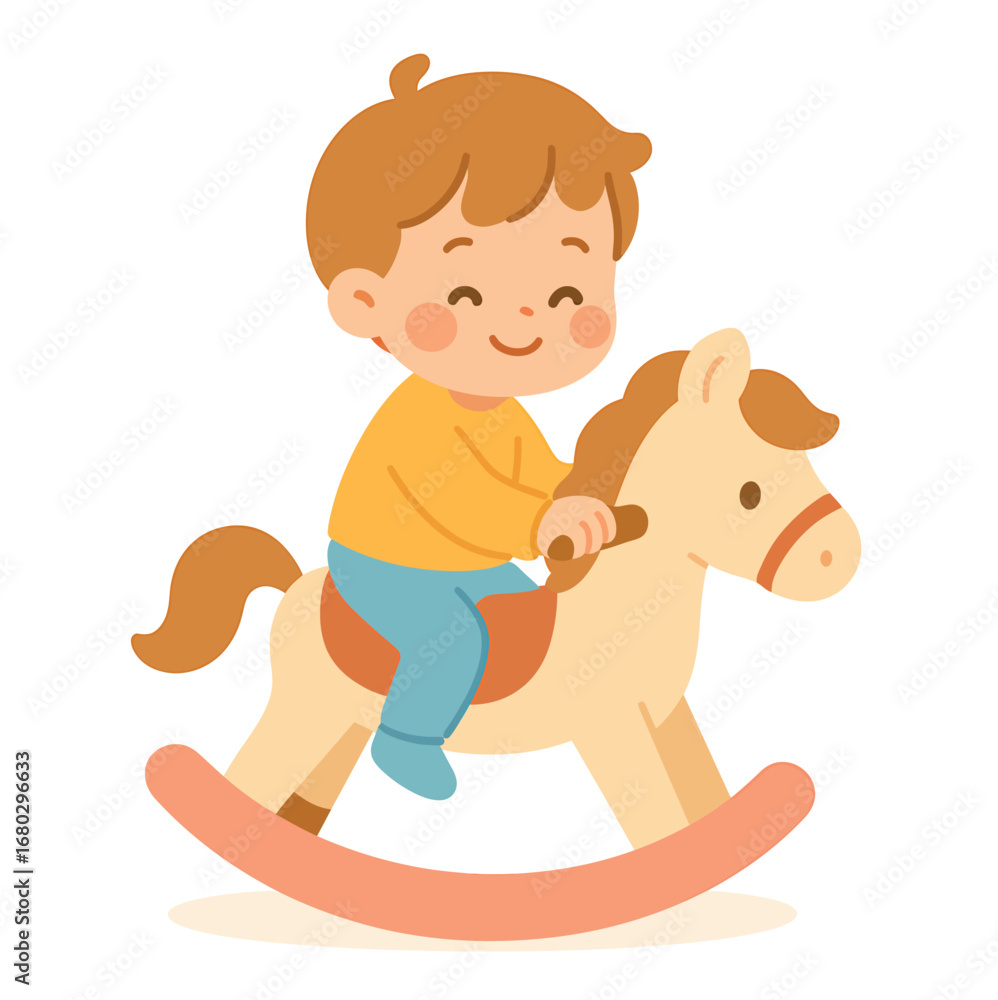 Fototapeta premium Child riding rocking horse toy, flat 2D cartoon vector illustration