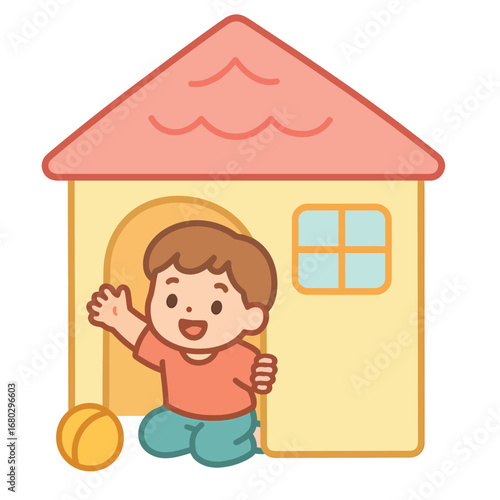 Child sitting inside playhouse window, cute pastel cartoon vector