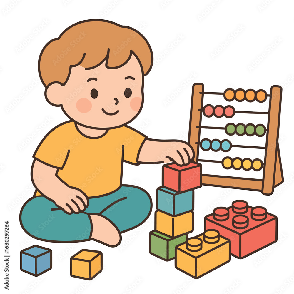 Fototapeta premium Happy child playing with toy blocks, cute cartoon pastel vector