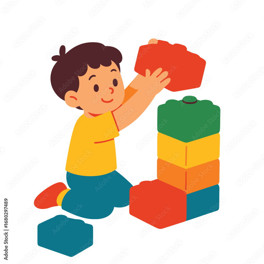 Fototapeta premium Child playing with oversized lego bricks, flat cartoon vector
