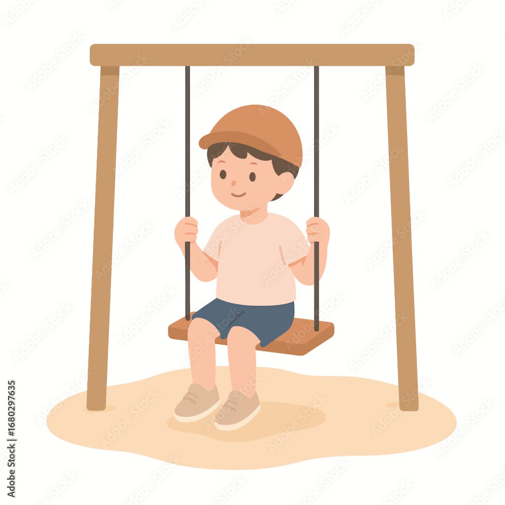 Naklejka premium Child sitting on swing smiling in playground, flat 2D cartoon vector