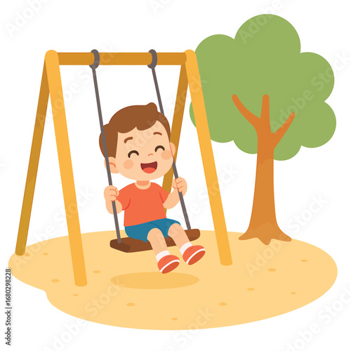 Boy standing near swing in playground, pastel flat cartoon vector