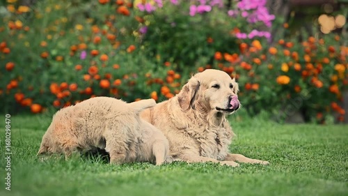 adult golden retriever dog sits with small puppies on the grass in summer near flowers. summer walk with dog	