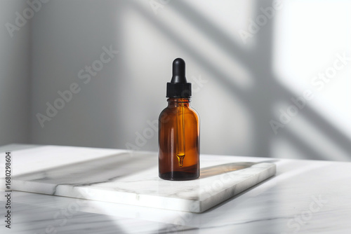 Minimal Skincare Serum Bottle on White Marble in Sunlight