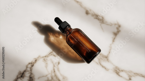Amber Skincare Serum Bottle Flat Lay on Marble Background