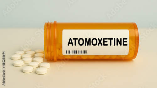 Box of ATOMOXETINE tablets on a hospital pharmacy table used to treat attention deficit hyperactivity disorder a selective norepinephrine reuptake inhibitor.