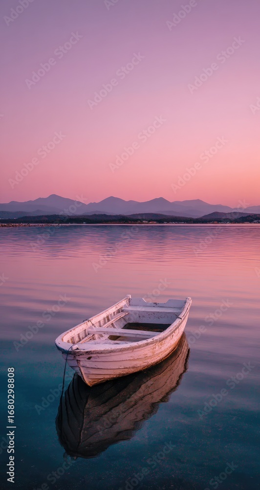 Naklejka premium Calm white boat on still lake, pink sunrise