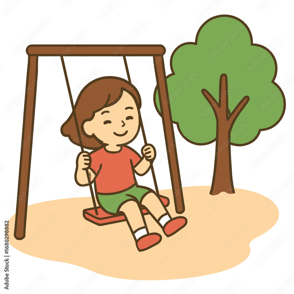 Naklejka premium Girl swinging back and forth happily, flat cute 2D vector art