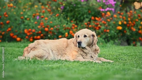 adult golden retriever dog sits on the grass in summer near flowers. summer walk with dog