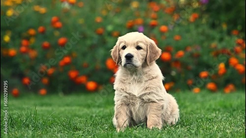 little puppy 1 month old golden retriever dog sits on the grass in summer near flowers. summer walk with dog