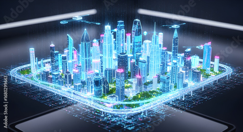 Futuristic cityscape with glowing architecture and drone technology creating a vibrant vision