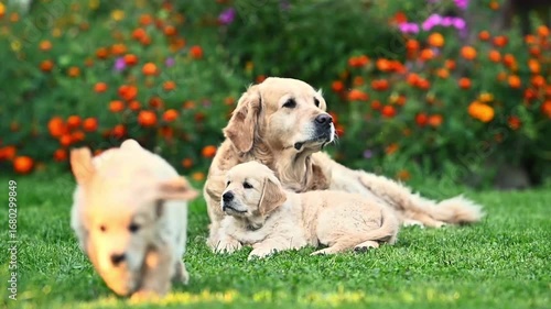 adult golden retriever dog sits with small puppies on the grass in summer near flowers. summer walk with dog	