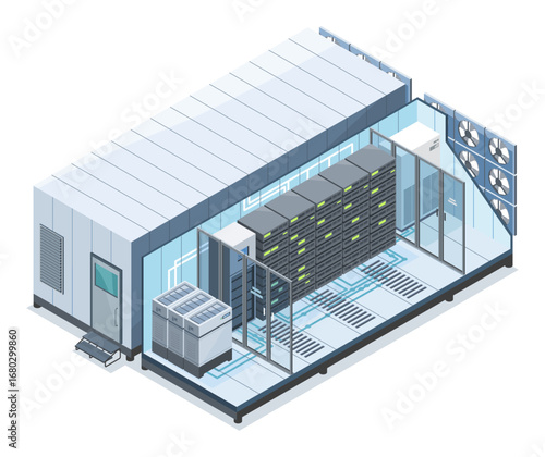 POD edge data center modular with industrial servers cooling system and monitoring equipment in secure facility