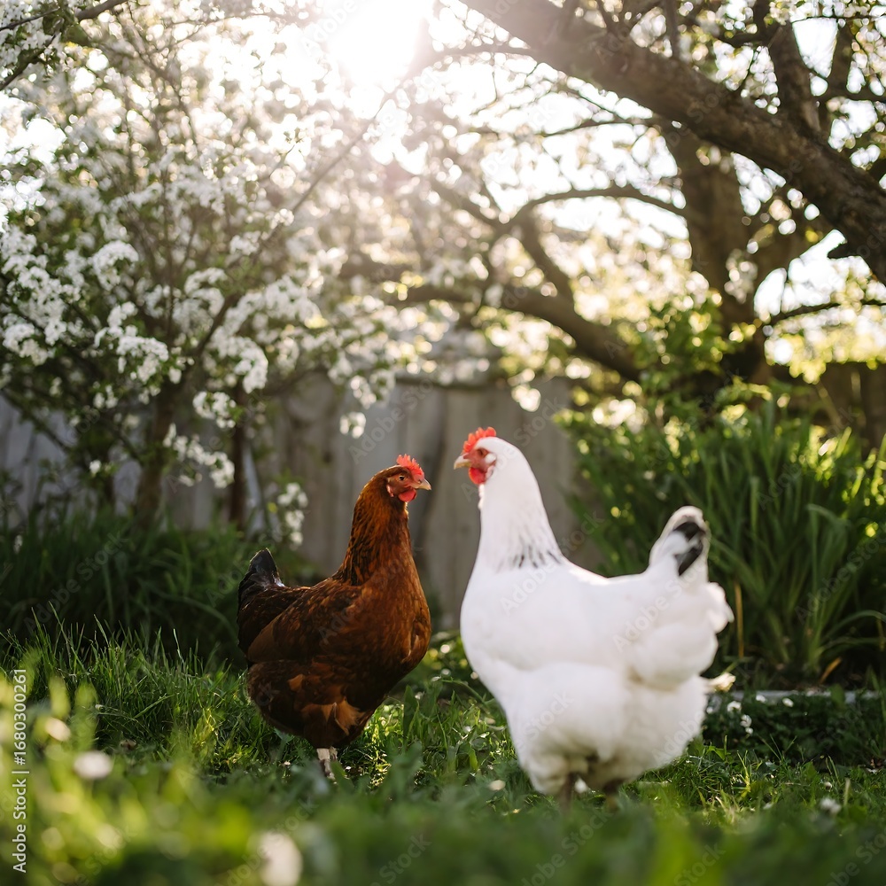Fototapeta premium Two Chickens Standing in a Sunny Garden with Blooming Trees.