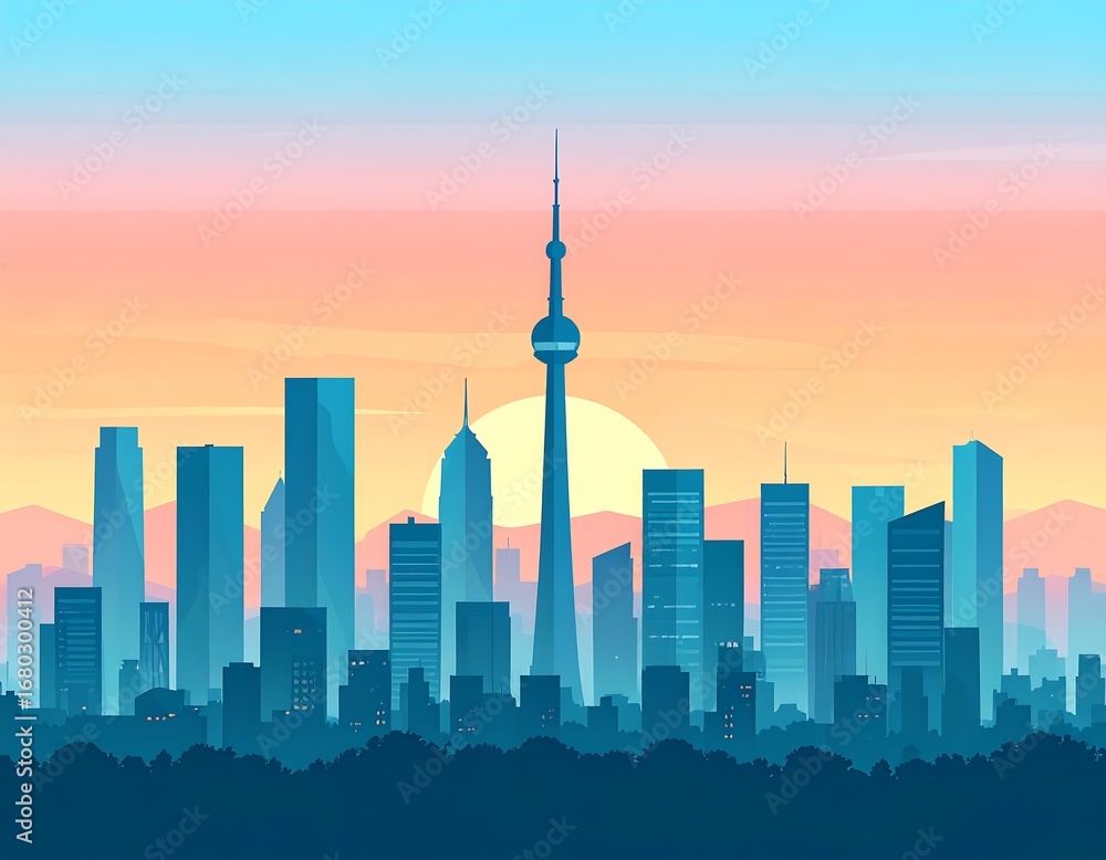 Obraz premium City Skyline Sunrise Illustration