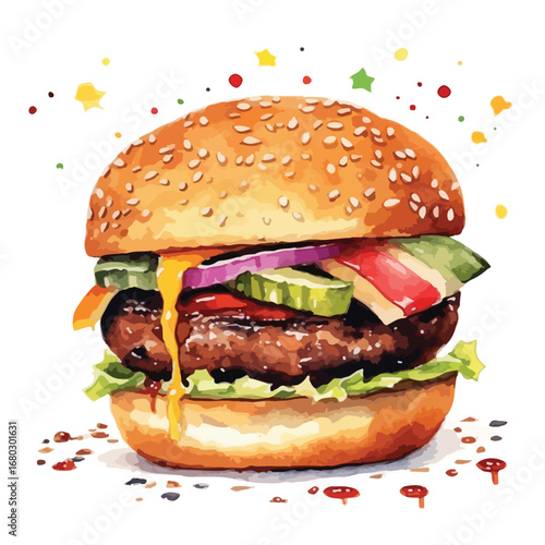 Delicious burger with sesame seed bun dripping sauce and colorful confetti