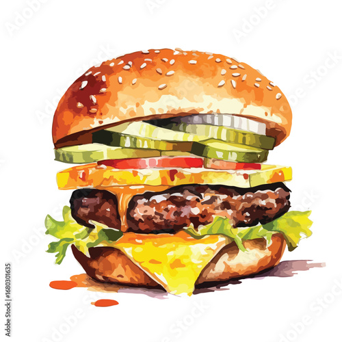 Delicious Burger with Sesame Seed Bun Cheese Pickles Tomato Lettuce and Juicy Patty
