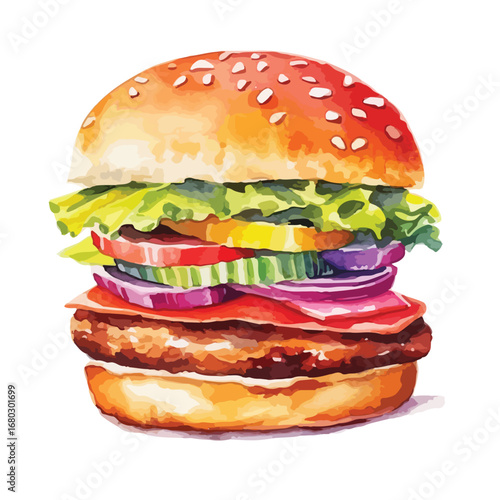 Delicious Watercolor Burger with Fresh Ingredients and Sesame Seed Bun