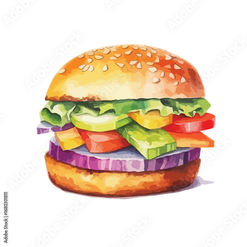 Deliciously Detailed Watercolor Burger with Fresh Vegetables and Sesame Seeds