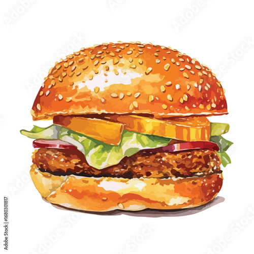 Deliciously Detailed Watercolor Burger with Sesame Seed Bun and Fresh Ingredients
