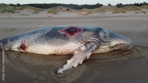 Deceased whale washed ashore on a sandy beach, exhibiting injuries and presenting a somber scene of marine life's vulnerability