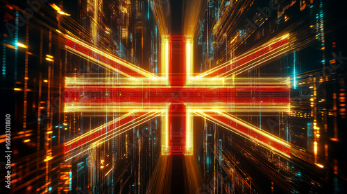 Futuristic United Kingdom Flag Glowing Neon Grid Technology Representation Design