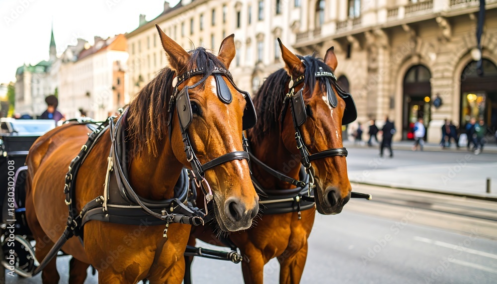 Obraz premium Two brown horses pulling a carriage in a city street (1)