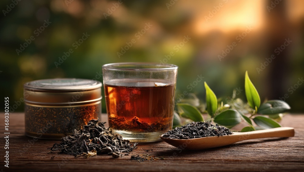Fototapeta premium Dark tea in glass, loose leaf, tin, wooden spoon, nature background
